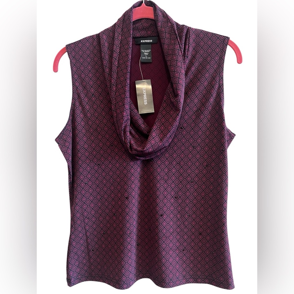 Express Burgundy Geometric Cowl Neck Sleeveless Top With Black Rhinestones Large